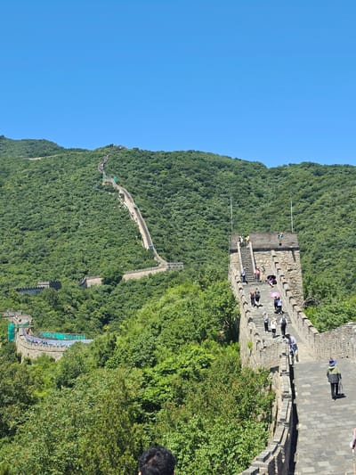 The image shows a section of the Mutianyu Great Wall in Huairou District, China, under a clear blue sky. The wall snakes along a verdant, tree-covered mountain range. Several tourists are visible on the wall, some walking, others pausing to take in the view. One section of the wall features a watchtower with a set of stairs, where a group of people are gathered. The wall is constructed of stone and brick. The surrounding landscape is dominated by lush green foliage, with the wall itself a prominent man-made structure amidst the natural environment.