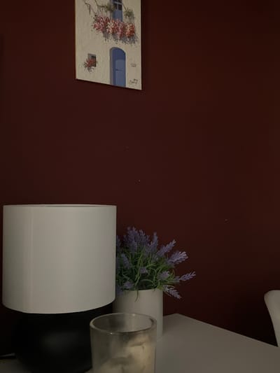 A still life photograph, taken indoors, shows part of a red-brown wall adorned with a painting and decorative objects. On the left, a painting depicts a white building with a blue window and pink flowers. The right side of the image shows a decorative shelf, holding a potted lavender plant, a clear glass candle holder, and a white lamp. The environment appears to be a residential or commercial interior, and the lack of identifying details prevents confirmation of the location in Madrid, Spain.