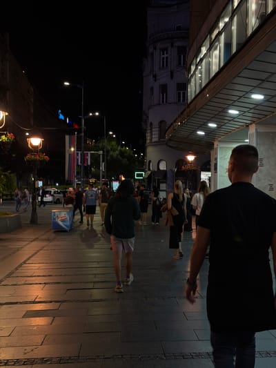 A nighttime street scene in Belgrade, Serbia, shows a pedestrian walkway lined with buildings and streetlights. In the foreground, a person with short hair and wearing a black t-shirt and jeans is walking away from the camera. Further down the walkway, other pedestrians are visible, some walking in groups and others individually.

The environment includes a row of shops with illuminated windows and signage on the right side of the frame, contrasting with the darker facade of an older building on the left. Streetlights cast a warm glow on the paved walkway, creating illuminated patches and shadows. A blue and white cooler sits on the sidewalk. Serbian flags are displayed on poles in the background, indicating the location. The overall atmosphere is that of a bustling urban evening.