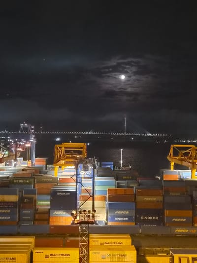 This is a nighttime photograph of a busy shipping port, likely in Vladivostok, Russia, given the visible text. The scene is dominated by stacks of colorful shipping containers, illuminated by artificial lights. A large yellow gantry crane is visible, suggesting active loading or unloading operations are underway or have recently occurred. The containers are various colors, including blue, orange, yellow, and dark gray. Some containers display company logos and text, such as "FESCO," "SINOKOR," "HEUNG-A," "UNICO," "EVERGREEN," and "DALREFTRANS." The "DALREFTRANS" containers specifically mention "INNOVATIVE COLD CHAIN." The photograph is taken from an elevated perspective, looking down on the port. In the background, a bright full moon is visible through clouds, casting a soft glow and contributing to the slightly eerie and dramatic atmosphere of the nighttime industrial setting. The water in the port reflects the lights. There are no people clearly visible in the image.