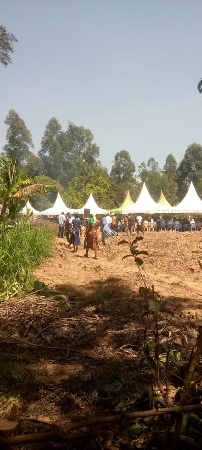 The image shows a scene of an outdoor event in Lwandeti, Kenya, located at the coordinates 0.561 latitude, 34.786 longitude. Several white and green tents are erected on a dirt field surrounded by lush greenery. A group of people, approximately 30-40, are gathered within and around the tents, some are seated, some are standing and talking to each other. Some individuals are walking away from the tents, a couple of whom appear to be carrying items. The view is taken from a low angle, obscured by foliage and branches in the foreground, with the distant crowd as the focal point. The scene is likely a gathering for a social or religious occasion.