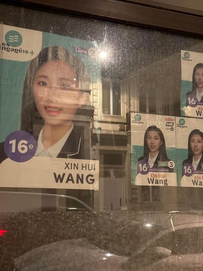 A glass window displays a series of posters featuring a woman named Xin Hui Wang. The posters are for an election, and the woman is running for office. The posters are in French and Chinese, and they feature the woman's name and the number 16, which may indicate her position on the ballot. The image was taken through a dirty window, blurring the view. A building is visible in the background, but its details are indistinct. The posters appear to be reflecting the light from a streetlamp or a passing car. The location of the window is 50.848 latitude, 4.373 longitude, which is in the city of Saint-Josse-ten-Noode, Belgium.