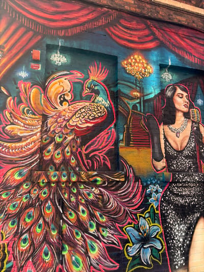 The image depicts a vibrant mural located in Manchester, United Kingdom. The mural features a woman with dark hair and pale skin, adorned with a necklace and wearing a black dress. She is reclining near what appears to be a staircase and a chandelier. Below her is a large peacock with multicolored feathers, prominently displayed. The mural is painted on a brick wall, with additional details such as flowers and stage curtains included in the composition. A "Firefighter Switch" sign is visible on the wall.