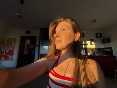 The image depicts a selfie taken indoors, in what appears to be a room within a residence. A young woman is centrally positioned, her face taking up a significant portion of the frame. She has light skin, light eyes, and long brown hair. She is wearing a red, white, and blue striped top.

The background reveals elements of a domestic environment. To the left, there is a kitchen area featuring dark red cabinets, appliances, and framed artwork on the wall. To the right, a dark door is visible, next to which hangs another artwork featuring an abstract eye design with a red, orange, and yellow color palette. Below the door frame and artwork, the wall is light-colored. At the bottom of the frame, there is a floor lamp.

The lighting in the room suggests it is either late afternoon or early morning, with sunlight streaming in, creating strong shadows and highlighting certain areas. The location is within an urban area, specifically the city of Vozdovac Urban Municipality, Serbia.