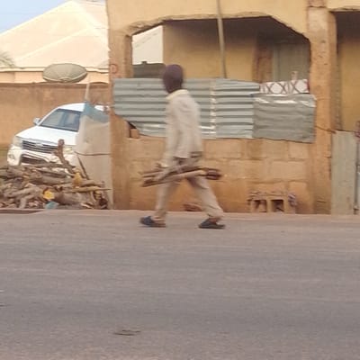 A person is walking on a paved road carrying a bundle of firewood. The person is wearing a light-colored shirt and pants, and dark sandals. Behind the person, there is a building with a corrugated metal roof and a section of a white car. A satellite dish is visible on top of a low wall in the background. The scene appears to be an urban environment in Gombe, Nigeria, with the architecture suggesting a typical building style found in the city. The road is paved with asphalt, and there are some debris and discarded items near the side of the road, including a pile of wood. The lighting suggests it is daytime, possibly late afternoon or early morning due to the soft shadows.