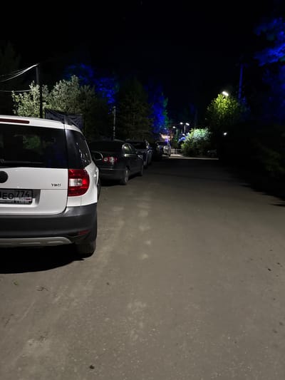 An outdoor night scene shows a row of parked cars on a paved area, possibly a parking lot or roadside, in Turgoyak, Russia. A white Skoda Yeti SUV is prominently featured in the foreground, its rear end angled towards the viewer. Behind it, a black sedan is parked, followed by other vehicles further down the line. The surrounding environment includes trees and foliage, some of which are illuminated by colorful blue and green lights, suggesting decorative or event lighting. Streetlights are also visible in the background, casting a soft glow. The overall atmosphere is dark, with the artificial lighting creating dramatic contrasts. No people are visible in the frame.