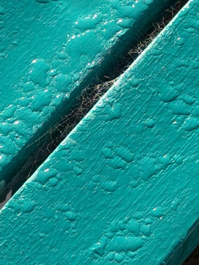 This close-up, abstract-like photograph captures a weathered, painted surface, likely made of wood, in a vivid teal or turquoise color. The paint shows significant signs of age and exposure, with widespread chipping, cracking, and peeling, creating a rough, uneven texture across the surface. Numerous tiny, bright, sparkling points are scattered across the painted areas, particularly along the edges of the raised paint flakes, suggesting glints of sunlight reflecting off moisture or fine particles.
A distinct dark, diagonal gap divides the image from the top-left to the bottom-right, separating what appear to be two adjacent planks or boards. Stretched across this shadowy crevice is a delicate, intricate spiderweb, made visible by similar sparkling highlights on its fine strands. The interplay of light and shadow, combined with the detailed textures of the peeling paint and the spiderweb, gives the image a detailed and somewhat ethereal quality. There are no people or discernible text in the frame. The scene is static, showcasing the natural wear and intricate details of the surface under bright lighting conditions, located in Overstrand Local Municipality, South Africa.