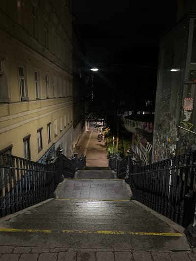 The image shows a set of concrete steps leading up to a street in the city of Wien, Austria, at the coordinates 48.199, 16.357. The steps are flanked by black iron railings, and a streetlamp illuminates the scene. The street is paved with cobblestones and lined with buildings on both sides, with a yellow wall on the left and a building with graffiti on the right. The street continues uphill into the distance, disappearing into the darkness. The image was taken at night, and the only light source is the streetlamp. There are no people or objects in the scene.