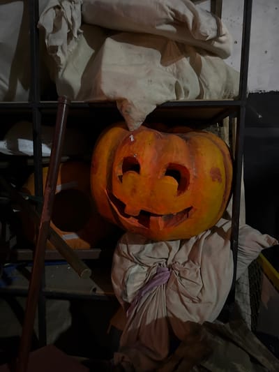 The image depicts a carved pumpkin with a smiling face, likely a Halloween decoration, positioned in front of a metal shelving unit. The pumpkin is resting on a bundle of cloth that is tied with a purple ribbon. Behind the pumpkin, more cloth is draped over the shelves, with some of it appearing to be a sheet or a blanket. There are also other pumpkins visible in the background, partially obscured by the shelves and cloth. A wooden pole, possibly part of a tool or prop, leans against the shelving unit to the left of the pumpkin. The overall scene suggests a storage area or a DIY decoration setup. There are no people or animals visible in the image. The location is not identifiable as Baku City, Azerbaijan, based on the visual evidence.