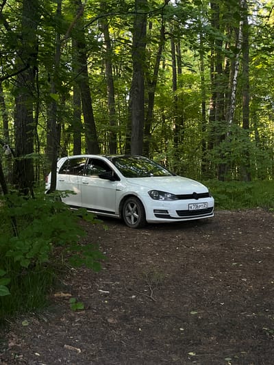 A white car is parked on a dirt path within a lush forest or wooded area. The image is taken from a slightly elevated perspective, looking down at the car and the path. The car, which appears to be a Volkswagen Golf, is oriented with its front facing towards the viewer's right, angled slightly away from the camera.

The car's license plate is clearly visible on the front bumper, displaying the Russian registration "K 736 PT 21". The number '21' indicates the Chuvash Republic region of Russia.

The surrounding environment is characterized by tall trees with dense, green foliage, suggesting a vibrant and natural setting. Sunlight filters through the canopy, creating bright patches and shadows on the leaves and branches. The ground beneath the trees and the path the car is on consists of dark, earthy soil, scattered with small leaves, twigs, and some grass. The overall impression is one of a peaceful, natural outdoor scene, possibly a park or a forest trail in Krasnyi Yar, Russia. The time of day appears to be daytime, likely sunny, given the bright illumination. No people or activities are visible.