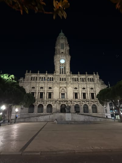 Here is a detailed description of the image:
The image shows the Porto City Hall (Câmara Municipal do Porto), located in Porto, Portugal, at night. The building is illuminated and contrasts with the dark night sky. The architecture is ornate, with a clock tower prominently visible. The surrounding environment includes trees and a paved plaza. There is a figure that looks like a pigeon on the walkway, and a few lights on the bottom.