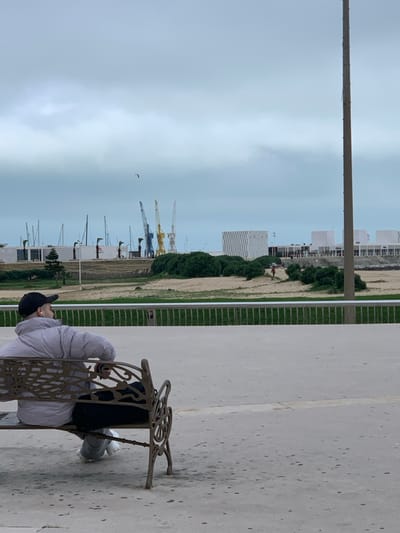 A person wearing a jacket and baseball cap sits on an ornate bench. Behind them are several rows of white buildings with trees in between. Further in the background are cranes and a tall white building with vertical lines. A large concrete space is next to the bench, and a metal rail is between the walkway and the buildings in the back. The sky is overcast, and a pole is visible to the left of the buildings.