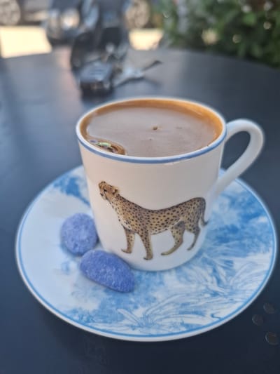 The image shows a close-up of a cup of coffee on a saucer, adorned with a cheetah print and blue floral patterns. Two small, blue candies are placed on the saucer next to the cup. The background is blurred, showing hints of vehicles and greenery, suggesting an outdoor setting. The coffee appears to be dark and frothy, with a few small bubbles on the surface. The cup has a white base with a blue rim, and a handle. The saucer is white with blue decorative elements. The overall impression is a pleasant moment of relaxation, possibly at an outdoor cafe in Fethiye, Turkey, where such decorative cups and traditional sweets might be enjoyed.