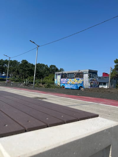 The image depicts a graffiti-covered double-decker bus, likely a food truck, parked outdoors. The bus is adorned with colorful and chaotic graffiti in various styles and colors, including phrases like "PAPA" and "COFFEE." The setting appears to be a paved area with red and white markings, possibly a sports court or recreational area, adjacent to a patch of dark soil and a line of trees. In the background, there are buildings, and further into the distance, dense foliage. The sky is a clear, bright blue, suggesting a sunny day. Two streetlights are visible, one with a light fixture. A portion of a wooden bench is in the foreground, creating a diagonal line across the image. The orientation of the photo is sideways. The scene is likely outdoors in a public space, possibly during daylight hours given the bright sunlight and clear sky. No people are visible in the frame.