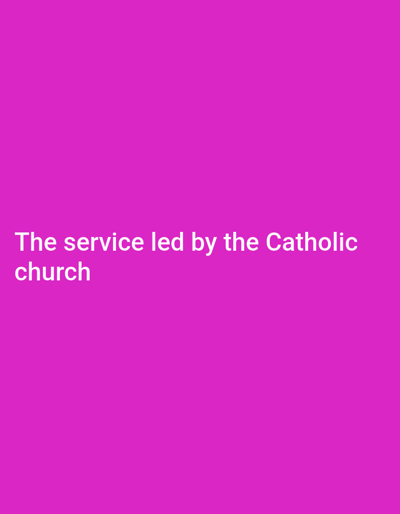 The image is a solid pink background with the text "The service led by the Catholic church" in white font at the top of the image. There are no people, objects, or actions depicted in the image. The coordinates provided correspond to a location in Kipkaren, Kenya.