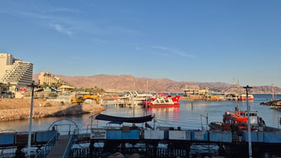 The photograph depicts a harbor scene in Eilat, Israel, during daylight hours. The foreground shows a weathered dock with a partially obscured blue-and-white structure bearing the word "Typhoon." A red and orange workboat is moored adjacent to the dock. The midground features a harbor with calm water reflecting sunlight. Several boats and yachts are docked along a stone breakwater. A red double-decker tour boat named "JULES VERNE" is prominently visible. In the background, there is a cityscape with tall buildings including the "Royal Beach Hotel," and hillside structures. Mountains rise behind the city. An excavator is visible on the breakwater. The sky is clear and blue with a few wispy clouds.