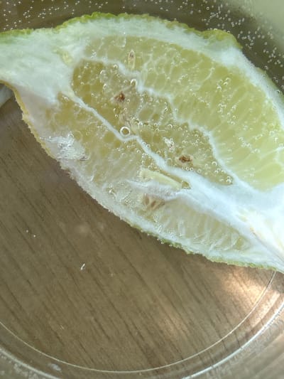 The image shows a close-up, overhead view of a slice of lemon submerged in a bubbly liquid, likely sparkling water or soda. The lemon slice is cut lengthwise, revealing its segments and seeds. The rind is visible along the top edge, with a slightly serrated texture. Numerous small bubbles cling to the surface of the lemon and are dispersed throughout the liquid. The background consists of a light brown, wooden surface, possibly a table, with subtle grain patterns. The scene is brightly lit, with some light reflections visible on the surface of the liquid and the glass container. There are no people or animals present. The location within Militello in Val di Catania, Italy, cannot be determined from the visual information provided in the image.