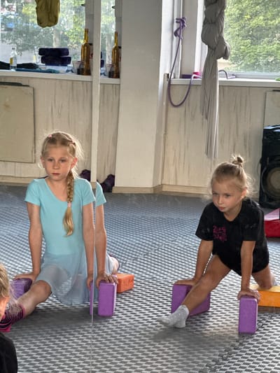 Two young girls are practicing ballet or gymnastics in a studio with a mirrored wall. The girl on the left, with blonde hair in a braid, wears a light blue leotard and is positioned in a split with her legs supported by purple yoga blocks and an orange block. The girl on the right, with blonde hair in a bun, wears a black t-shirt and is also in a split, supported by purple yoga blocks. The floor is a patterned grey mat. In the background, a window reveals trees and a grey aerial yoga hammock hangs from the ceiling. There is also a large black speaker in the background. This scene appears to be located in a dance or fitness studio in Dnipro, Ukraine.