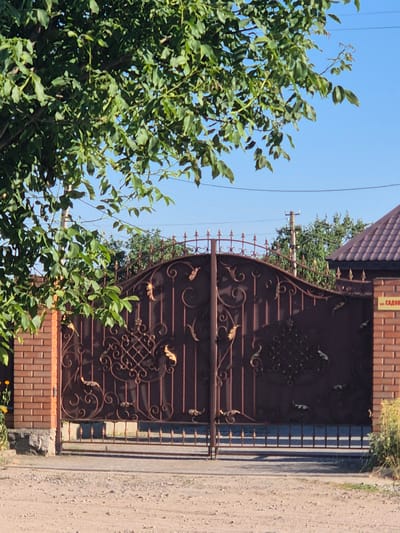 The image shows a wrought-iron gate in the village of Sozonivka, Ukraine. The gate is dark brown and features ornate scrollwork and decorative leaf motifs. It is flanked by a brick pillar on the left and a brick wall with a roofline on the right. A street sign with Cyrillic text is visible on the right brick wall. Overhead, tree branches with green leaves partially obscure the clear blue sky. The ground in front of the gate is a dirt or gravel surface. The scene appears to be an entrance to a property, likely a private residence or a garden.