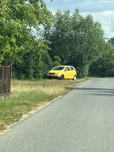 A yellow Volkswagen Fox is parked on the side of a road in Mikorzyn, Poland. The car is facing the right of the frame and is partially obscured by tall grass and trees. A dark metal fence is visible to the left of the car. The road is paved and runs diagonally from the bottom left to the upper right of the frame. The environment appears to be rural, with dense vegetation lining the road. The sky is cloudy. There are no people visible in the image.