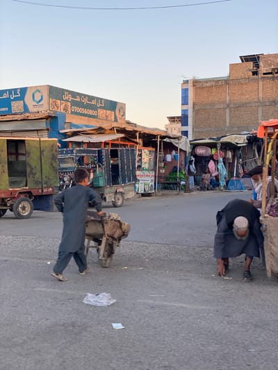 The image depicts a street scene in Kandahar, Afghanistan, likely during daylight hours with clear skies. The foreground shows a paved road with scattered debris. Two men are visible; one is bent over, seemingly interacting with the ground, while the other, wearing traditional clothing and a skullcap, is walking away from the camera, pushing a cart loaded with what appears to be mechanical parts.
The background features a bustling market area with makeshift stalls and shops lining the street. Structures made of brick and corrugated metal are visible, some appearing under construction. The stalls are filled with various goods, including textiles, household items, and what could be food products. A brightly decorated truck, possibly used for transport or vending, is parked nearby.
A prominent blue sign in the mid-ground displays text in Arabic script. It includes the phrases "كل امارت هوتل" which translates to "All Emirate Hotel" and a phone number "0700560800". Another smaller blue logo with text beneath it, possibly indicating a business name or affiliation, is also visible on the sign. The overall impression is one of an active marketplace, typical of urban environments in Afghanistan, with individuals engaged in daily commerce and transportation. The scene conveys a sense of everyday life in the region.