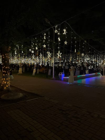 At night in Zhongtun, China, a pathway lined with brick pavers is illuminated by a canopy of string lights and star-shaped ornaments. The lights are hung from wires strung between trees and poles, creating a festive atmosphere. Several trees along the pathway are also wrapped with string lights. A woman in a white dress stands near a colorful LED light display, holding a phone to take a picture. In the background, other people can be seen walking along the pathway. The scene is set in a park or public area, with dark trees and foliage visible above the lights. A trash can is situated near the woman.