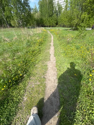 A ground-level, slightly angled photograph depicts a dirt path cutting through a grassy field dotted with yellow dandelions. The path leads away from the viewer into the distance. To the left of the path is a stand of green trees, and in the far distance, a light-colored building is visible. A shadow cast from the photographer is visible on the right side of the path, with a portion of the photographer's leg and shoe appearing in the lower right corner. The scene is located in Krasnoobsk, Russia.