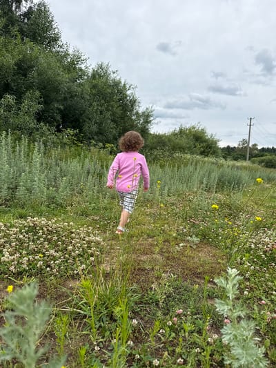 A young child, facing away from the camera, walks through a field of green grass and small white and pink flowers. The child is wearing a pink long-sleeved shirt and checkered shorts. The background consists of lush green trees, a cloudy sky, and a utility pole with wires visible on the right side. The scene appears to be a rural or natural setting, possibly on the outskirts of Уральское, Russia.