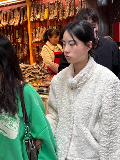 The image depicts an indoor market scene within Shapingba District, China. In the immediate foreground, a young East Asian female, with dark hair tied back, wears a white, textured, high-collared jacket and a light pink underlayer. Her face is presented in profile, gazing towards the left with a neutral expression. To her left, partially obscured, is another individual with long dark hair, wearing a bright green long-sleeved top with white text that includes "swing" and "wwww" visible. This individual holds a dark-colored bag with a silver-colored chain-link strap. Behind the female in white, a male figure with glasses, short dark hair, and a dark jacket is partially visible, wearing a red and white checkered scarf or face covering around his neck.

In the mid-ground, a market stall is visible. A female vendor of East Asian descent, with dark hair in a ponytail, stands behind a counter. She wears a beige top, a red apron, and light pink long-sleeved gloves, and is looking towards the right side of the frame. The stall's back wall is dark red, from which numerous dark, elongated cured meat products (likely sausages or dried hams) hang in multiple rows, some with yellow tags. On the counter below, various food items are displayed, including packaged goods in clear plastic and several dark items skewered on sticks. The lighting is artificial and warm. Dark architectural elements, possibly wooden beams, are visible in the upper right background.