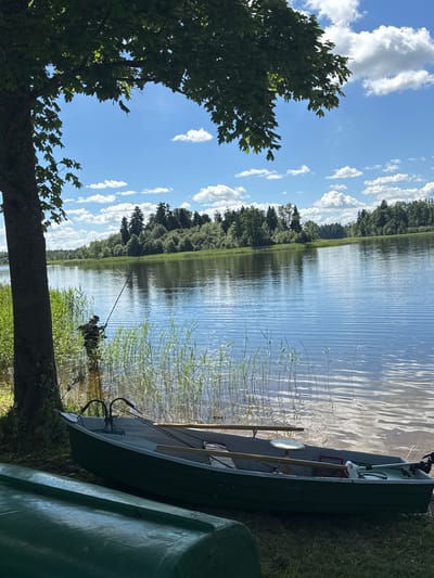 In Lendži, Latvia, on a sunny day with scattered white clouds, a tranquil scene unfolds by a calm lake. A person, wearing a hat and dark clothing, stands in the shallow water near the shore, actively fishing with a long rod. Tall reeds grow along the water's edge, partially obscuring the angler. In the foreground, two green boats are pulled up onto the grassy bank. The boat closest to the viewer is partially visible, while the second boat, further back, is fully in frame. This boat is equipped with oars and fishing gear. The background features a dense, green treeline that stretches across the horizon, reflecting gently on the water's surface. The overall atmosphere is one of peaceful outdoor recreation.