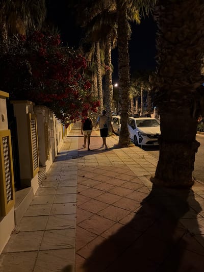 The image depicts a night scene on a tiled sidewalk in Orihuela, Spain. Two individuals, a woman with dark hair wearing a black tank top and light-colored shorts, and a man in a t-shirt with a number "10" on it and dark shorts, are walking away from the camera. They are walking on a sidewalk that is partially paved with square, light-colored tiles and partially with diamond-shaped, reddish-brown tiles. The sidewalk is bordered by a low wall on the left, which is painted white and yellow with decorative checkered panels. Palm trees line the right side of the sidewalk, casting long shadows. Behind the people, a white car is parked at the curb, and another car is partially visible further down the street. Red flowers are blooming on a bush to the left of the sidewalk. The overall atmosphere is one of a quiet evening stroll in a warm climate.