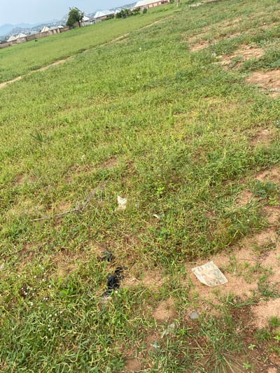 This image depicts a patch of ground covered in green grass and dry soil, indicative of an outdoor, natural setting. There are several scattered objects on the ground, including pieces of white paper, a small piece of grey material, and some black plastic bags. Some small white flowers are also visible among the grass. In the background, a faint outline of buildings and greenery suggests a developed area nearby. The lighting implies it is daytime, and the overall impression is that of an undeveloped or neglected patch of land, likely in a rural or semi-urban area. No people are visible in the image, and no text is discernible. The context provided places the scene in Kuson, Nigeria.