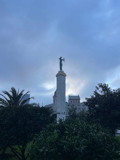 The image displays an outdoor scene featuring a prominent monument, an ornate building, and various trees, all set against an overcast sky. The original image is rotated 90 degrees clockwise; when viewed upright (rotated 90 degrees counter-clockwise), the sky occupies the upper portion, and the ground level with foliage is at the bottom.

In the mid-ground, a tall, light-colored column or obelisk rises, capped with a golden, decorative capital. Perched atop this column is a large, dark-colored statue of a standing figure, appearing to be a woman, holding a golden object, possibly the Golden Fleece, in her outstretched left hand. This monument strongly resembles the Medea Statue on Europe Square in Batumi, Georgia.

Behind and to the right of the monument stands a multi-story building characterized by its light blue or pale grey-blue facade. The building features numerous arched windows, some with small balconies, and intricate architectural details including decorative spires or turrets along its roofline, giving it a grand, ornate appearance.

The foreground and side edges of the image are framed by dense, dark green foliage from several trees. On the right side, the distinctive fronds of a palm tree are visible, along with other leafy trees, some of which appear to have small, light-colored blossoms or fruits. These trees cast dark shadows, contrasting with the brighter sky and lighter buildings.

The sky is largely overcast with shades of light blue and grey. Patches of brighter light indicate where the sun is breaking through the clouds, creating a diffuse, luminous quality in the upper right and central portions of the sky. The overall lighting suggests it is daytime, possibly a late morning or afternoon on a cloudy day. There is no visible text in the image.