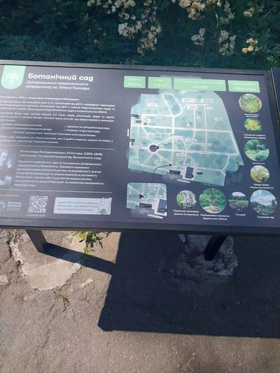 The image shows a sign at the Dnipro National University Botanical Garden named after Oles Gonchar, located in Dnipro, Ukraine. The sign provides information about the botanical garden, including its founding year (1930), area (27.5 hectares), total number of woody plants (>11,000), and collection fund (>3500 species). It also features a map of the garden with various sections labeled. Photos of different plant species and garden areas are displayed around the map, such as "Liliodendron tulipifera. Tulip tree," "Aromateka," "Ginkgo biloba. 'Living embodiment of longevity'," "Paulownia tomentosa. Imperial Tree," "Phellodendron amurense. Amur cork tree," "Rose garden," and "Rock garden." A section of the sign is dedicated to Oleksandr Volodymyrovych Reingard (1883-1945), the founder and first director of the botanical garden, highlighting his contributions as a biologist and his research on plant physiology and microbiology. The lower part of the sign includes a QR code for more information and logos of "BOTANIC GARDENS CONSERVATION INTERNATIONAL." The sign is positioned outdoors, with the lower portion of a dark metal frame visible in the foreground, casting a shadow on the asphalt ground. The surrounding environment is obscured by foliage and lighting, but suggests an outdoor setting.