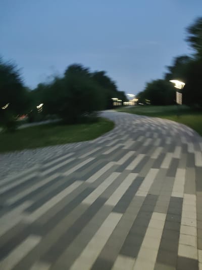 This media file depicts an outdoor scene at dusk or early evening, likely in Kemerovo, Russia. The primary subject is a paved pathway made of rectangular stones in alternating shades of grey and white, laid in a staggered pattern. The pathway curves to the right as it recedes into the distance.

The setting appears to be a park or a landscaped area, with trees lining the sides of the pathway. Some of these trees are blurred due to motion, suggesting either the camera was moving or there was wind. Several lampposts with glowing light fixtures are visible, illuminating the pathway and surrounding area. In the background, there are blurry lights from what could be buildings or other structures, adding to the evening ambiance.

The time of day is clearly indicated by the low light and the presence of artificial lighting. The sky is a deep blue, consistent with twilight. There are no people visible in the frame. The overall mood is peaceful and tranquil, characteristic of a quiet evening in a park. There is no visible text in the image.