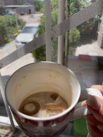 A close-up shot shows a hand holding a mug of iced coffee. The mug is partially filled with a light brown liquid, ice cubes, and foam. The mug has a white interior and a patterned exterior with red and pink stripes. The background is blurred, but appears to be an outdoor scene with a window screen in the foreground. The window screen overlays the scene, creating a grid pattern. The scene outside the window shows greenery, a white car, and a building. The lighting suggests it is daytime and sunny.