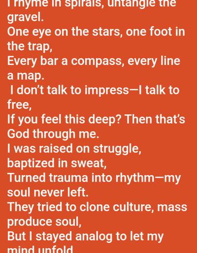 The image presents white, sans-serif text against a uniform orange background. The text consists of a multi-line poem or lyrical content. There are no individuals, physical objects, actions, or interactions visibly depicted within the image frame. The scene is identified as being located within the city of Mariposa, United States.