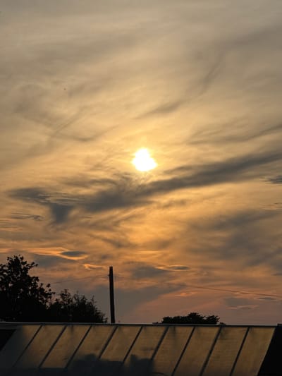 The image shows a sunset sky over the city of Bigila, Russia. The sun is partially obscured by clouds, casting a warm, golden light across the sky. Wispy clouds stretch across the horizon, some appearing dark and ominous, while others are tinged with pink and orange hues. In the foreground, silhouetted trees and a utility pole are visible against the sky. A translucent, angled roof structure occupies the bottom of the frame, reflecting the colors of the sunset. The scene appears to be a quiet, natural setting at dusk.
