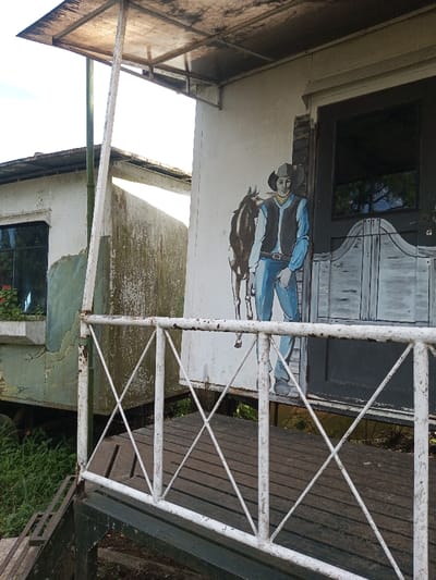 An aged, weathered building features a painted mural of a cowboy and his horse next to a dark door. The building, possibly a trailer or train car, shows signs of decay with peeling paint and visible rust. A white, cross-braced railing runs along a wooden deck leading to the entrance. Vegetation grows around the base of the structure, adding to the sense of neglect and abandonment. A partial view of another similar structure is visible in the background.