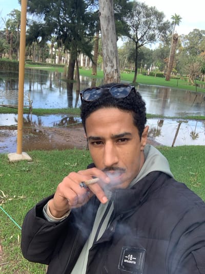 A man with dark hair and a mustache poses outdoors, holding a lit cigarette, releasing smoke. He wears sunglasses atop his head and a black jacket over a light green hoodie. Behind him, a flooded park landscape unfolds, featuring trees and water reflections. The scene is captured in a rotated, portrait-style composition.