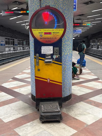 The image displays an underground metro station platform in Kolkata, India, at approximately 7:44 PM. A prominent vertical coin-operated weighing machine, branded "EASTERN SCALES (P) LTD." and "BODY ACCURA WEIGHT," stands in the foreground, integrated into a round pillar covered in light blue and beige mosaic tiles. The machine's lower section is painted in red, yellow, and blue, with functional elements including "Insert 5 Rs. Coin" instructions in English and Bengali, two coin slots, a ticket dispenser slot, and a keyhole. Its circular LED display at the top shows a dynamic red and blue light pattern. A dark metal foot platform, embossed with "ESP," is positioned at the base of the machine.

The platform floor is tiled with alternating light beige and reddish-brown squares arranged in a diagonal pattern, leading to a yellow tactile warning strip at the platform edge. Overhead, digital signage displays "TRAIN TO" followed by Bengali text and "TIME NOW 19:44 19:43," with an additional sign stating "DO NOT CROSS THE YELLOW LINE." In the mid-ground on the right, a man wearing a plaid shirt and jeans, carrying a dark backpack, stands facing away from the camera, looking towards the tracks. A blue rolling suitcase rests at his feet. Partially visible further right and lower, another person wearing a green garment is seated on a low object. The station environment features linear lighting fixtures on the ceiling and structured walls with panels lining the tracks in the distance.