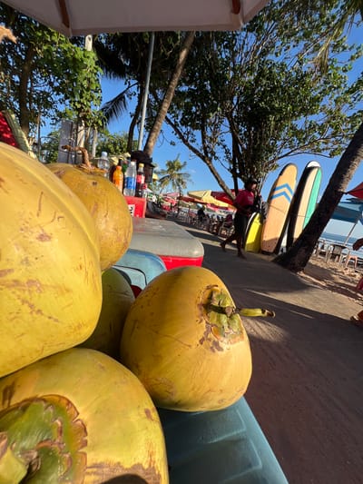 In Kuta, Indonesia, an outdoor vendor displays a cart filled with large, yellow coconuts in the foreground. Behind the coconuts, a table is set up with various bottles of drinks, including water, orange soda, and blue liquid. A person in a pink shirt and black shorts, wearing a hat, stands near a collection of surfboards leaning against a tree, holding a camera or bag. The background shows a beach scene with umbrellas, tables, and chairs, and the ocean with gentle waves. The sun is shining, casting shadows on the paved walkway.