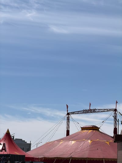 This is a low-angle, vertically oriented photograph of a circus tent under a bright blue sky with thin, wispy clouds. The tent is primarily red with gold decorative elements, including a patterned trim along its edges and star-like shapes on the fabric. Structural supports and rigging, likely part of the tent's construction or a supporting tower, are visible on the right side of the frame. Small flags and strings of lights are attached to these structures. Text is visible on one of the structural supports, appearing to read "ЦИРК" (Tsirk), the Russian word for "circus." Buildings are visible in the background on the far right, suggesting an urban or semi-urban setting. The lighting indicates it is daytime, likely midday, with a clear and pleasant weather day. No people are visible in the frame. The overall mood is festive and inviting, characteristic of a circus setting. The location context places this scene in Petropavlovsk-Kamchatsky, Russia.