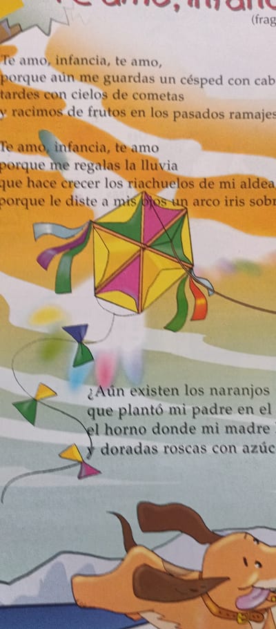 This image features a close-up of text from a book or publication, accompanied by illustrations. The text, written in Spanish, appears to be a poem or prose about childhood, love, and memories. It evokes a sense of nostalgia, mentioning themes like kites, rain, fruit, and parents.

The illustrations depict elements that complement the text: a colorful kite with streamers, several smaller kite-like shapes trailing from a string, and a playful dog. The overall scene suggests an outdoor setting, perhaps a park or a rural area, given the mention of "aldea" (village) and "naranjos" (orange trees). The color palette is warm, with oranges and yellows dominating the background, hinting at a sunny day.

The text visible includes phrases like "Te amo, infancia, te amo" (I love you, childhood, I love you), "tardes con cielos de cometas" (afternoons with skies full of kites), and "que plantó mi padre en el horno donde mi madre doradas roscas con azúc" (that my father planted in the oven where my mother [made] golden doughnuts with sugar). These lines suggest a domestic and familial context, reinforcing the theme of cherished memories.

The style of the illustrations is cartoonish and friendly, with soft lines and bright colors, suggesting the content is intended for a younger audience or has a whimsical tone. The dog illustration at the bottom is particularly lively, with its mouth open and tongue out, conveying happiness and energy. The combination of text and imagery creates a heartwarming and evocative picture of childhood experiences and familial bonds.