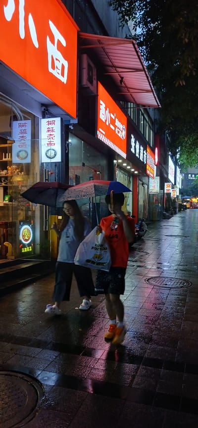 Two individuals are walking on a wet, tiled sidewalk at night in Shapingba District, China. The sidewalk is illuminated by neon signs from shops lining the street. The person on the left, wearing a light-colored t-shirt and dark pants, holds an umbrella over themselves and the person to their right. The person on the right, wearing an orange t-shirt and patterned shorts, is carrying a white plastic bag in their right hand. Both individuals appear to be walking away from the camera. The environment suggests a commercial street with awnings over the storefronts and reflections of light on the wet pavement.