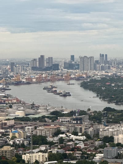 This is an aerial, high-angle, vertical, medium shot photograph of the Chao Phraya River and its surrounding urban landscape in Bangkok, Thailand. The sky is overcast with a light grey cloud cover. The river, occupying the central portion of the image, is wide and reflects the dull sky. A busy port area is visible along the left bank of the river, featuring numerous cranes of varying heights and colors, predominantly orange, and several large cargo ships docked. Further inland on the left, there are industrial storage tanks and complex buildings. The right bank of the river is lined with dense green trees, with some houses and smaller buildings nestled within the foliage. Beyond the river and port, the cityscape of Bangkok unfolds with a dense concentration of buildings, including numerous high-rise apartment buildings and office towers, many of which are modern glass and steel structures. In the foreground, more urban development is visible, with a mix of residential buildings, some appearing to be older low-rise structures and newer apartment blocks. Some industrial facilities with large white cylindrical tanks are also present in the lower left quadrant of the image. There are no visible individuals in the frame. The overall scene depicts a bustling port and a dense, expansive urban environment typical of a major metropolitan city.