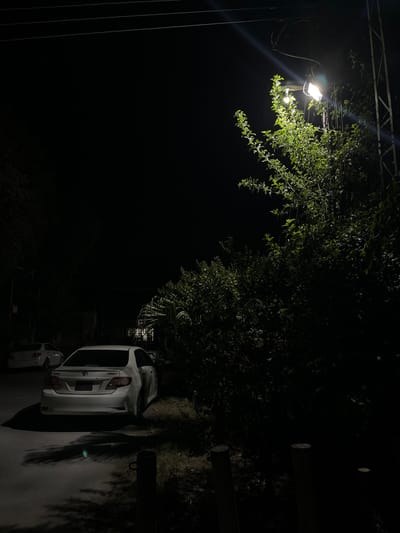 The image captures a nighttime scene on a paved road in Peshawar City Tehsil, Pakistan, illuminated by a bright street lamp. The street lamp, positioned to the right of the frame, casts a strong light onto a lush green tree situated beneath it, highlighting its leaves and branches against the dark sky. To the left of the street, a white sedan is parked, its rear facing the viewer. The car's taillights are off, and its body is illuminated by the street lamp. Another white car is visible further down the road, also parked. The ground is asphalt, with some patches of grass and bushes along the side of the road. Shadows are cast by the cars and the trees onto the road. The overall impression is one of a quiet street at night, with the artificial light of the street lamp creating a contrast with the surrounding darkness.