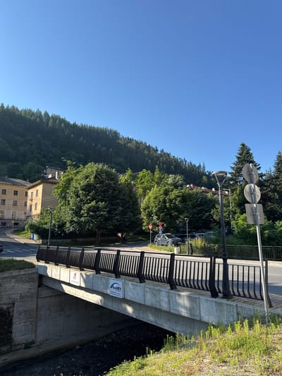 The image captures a sunny day in the city of Madan, Bulgaria, likely in the late morning or early afternoon due to the bright sunlight and clear sky. The scene is dominated by a concrete bridge spanning over a shallow, rocky stream. The bridge features a black metal railing and two distinct signs affixed to its side: one with a red figure and Bulgarian text, and another with the "KADIEV CONSULT" logo and more Bulgarian text.

Beyond the bridge, a paved road curves to the left, with a few parked cars visible. Across the road, there are several buildings, including a prominent yellow, multi-story structure with numerous windows. Lush green trees and dense forest cover a hillside that rises steeply behind the buildings and road, suggesting the city is nestled within a natural, hilly landscape. The overall impression is one of a well-maintained urban area integrated with a verdant natural environment.