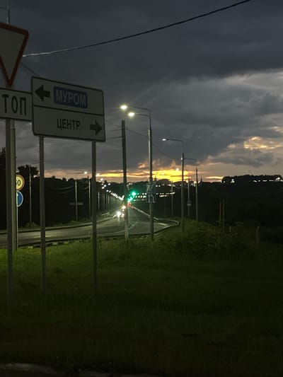 A vertical medium shot captures a road with traffic signs and streetlights at dusk, under a dark, cloudy sky with a sliver of sunset visible on the horizon. In the foreground, tall, dark green grass is illuminated by artificial light sources, with a dark asphalt road curving to the right in the mid-ground. Two vertical metal poles support road signs. The left sign has a red triangle warning sign above a rectangular sign with Russian text. The rectangular sign has two parts; the top part says "МУРОМ" with an arrow pointing left, and the bottom part says "ЦЕНТР" with an arrow pointing right. To the left of these signs, a circular traffic sign with a red border and a white circle inside with the number "50" is visible. Further down the road, a series of streetlights are visible, casting light on the road and surrounding trees. Traffic lights are visible further in the distance, with a green light illuminated. The background consists of a dark silhouette of trees and buildings against the dusky sky. The overall impression is a twilight scene on a road leading into a city.