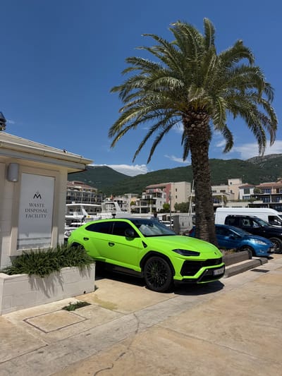 The image captures a vibrant scene in Tivat, Montenegro, under a clear blue sky, suggesting a sunny day. The primary subjects are a bright lime green sports car, a tall palm tree, and a row of parked vehicles including a blue car and a white van. The setting appears to be a paved area alongside a building that bears a sign reading "WASTE DISPOSAL FACILITY" with a stylized "M" logo.
The sports car, positioned prominently in the foreground, is the most striking object, its vivid color contrasting with the more muted tones of the surroundings. Behind the car and other vehicles, a backdrop of buildings and a lush, green mountainside is visible, hinting at a coastal or Mediterranean environment. Several yachts are docked in the water beyond the buildings, indicating a marina or harbor. The palm tree, with its distinctive fronds, adds a tropical element to the scene.
The image appears to be taken from a slightly elevated perspective, looking down towards the street and the parked cars. The sunlight creates distinct shadows, suggesting it is likely daytime, possibly mid-morning or afternoon. The overall mood is one of leisure and perhaps affluence, given the presence of luxury vehicles and yachts in what appears to be a developed waterfront area. There is no visible activity or event taking place, but rather a snapshot of a static scene. The visible text is limited to the "WASTE DISPOSAL FACILITY" sign and the license plate on the green car, which reads "S MANO."